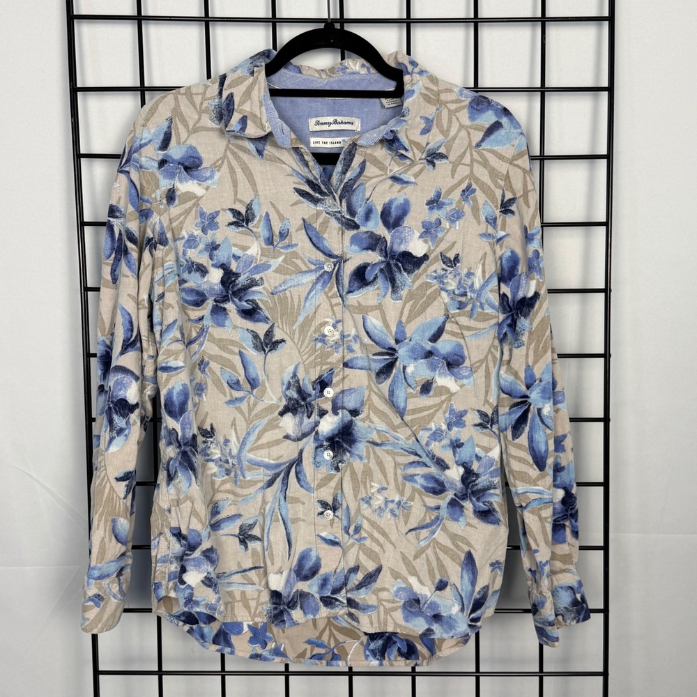 Tommy Bahama Button Down Shirt Womens L Blue Tan Floral Cotton Corduroy Tropical